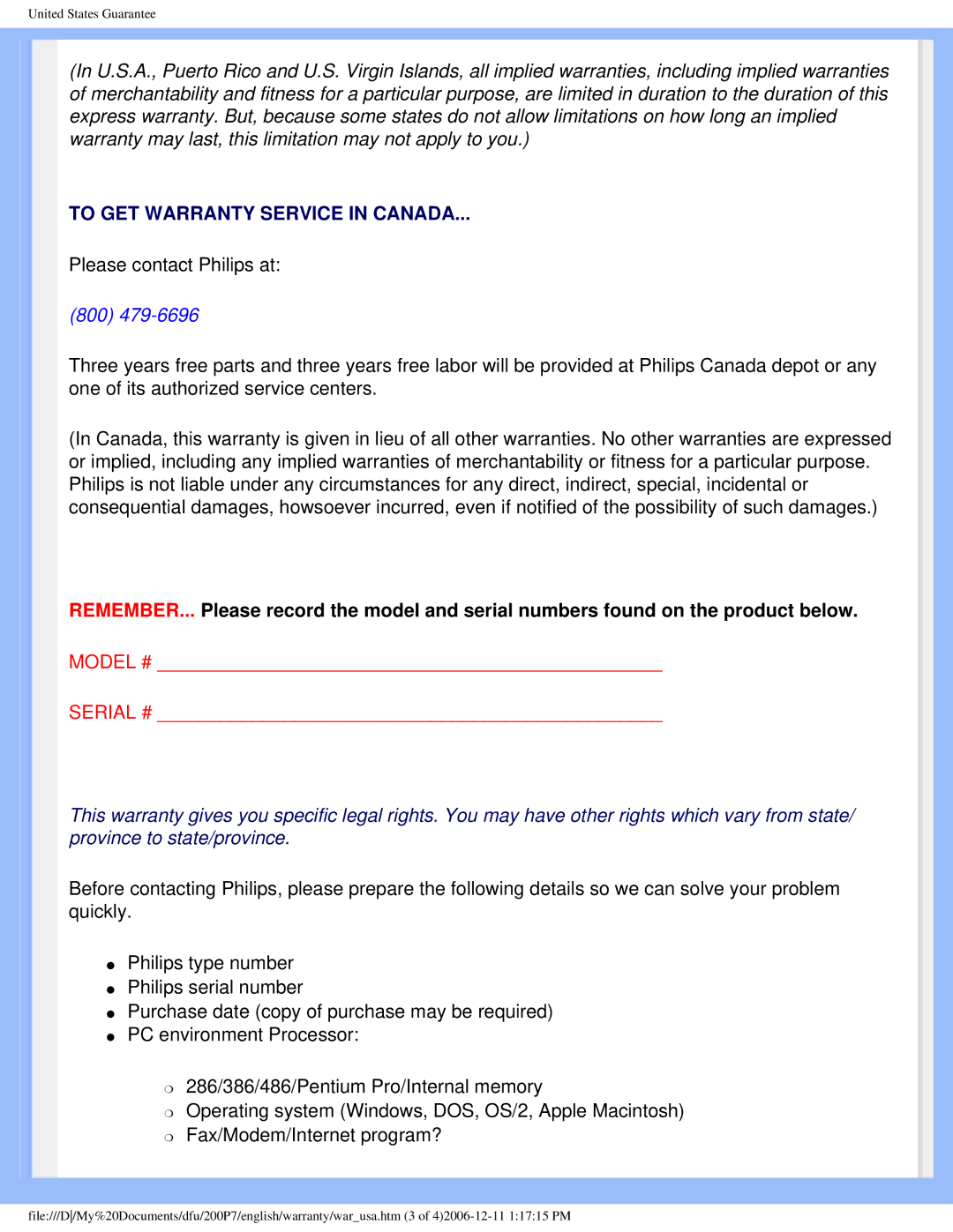 Philips 200p7 user manual To GET Warranty Service in Canada 