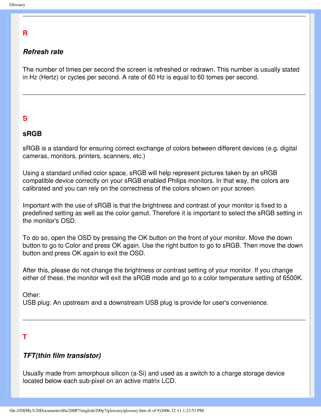 Philips 200p7 user manual Refresh rate 