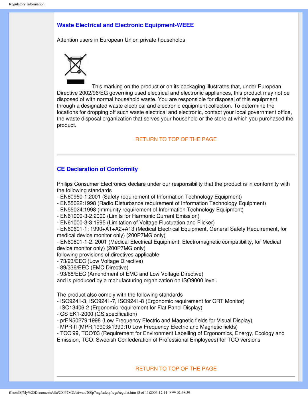 Philips 200P7MG user manual Waste Electrical and Electronic Equipment-WEEE, CE Declaration of Conformity 