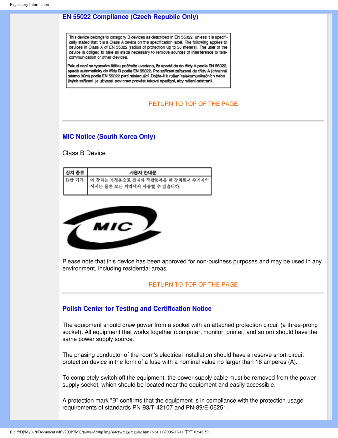 Philips 200P7MG user manual EN 55022 Compliance Czech Republic Only, MIC Notice South Korea Only 