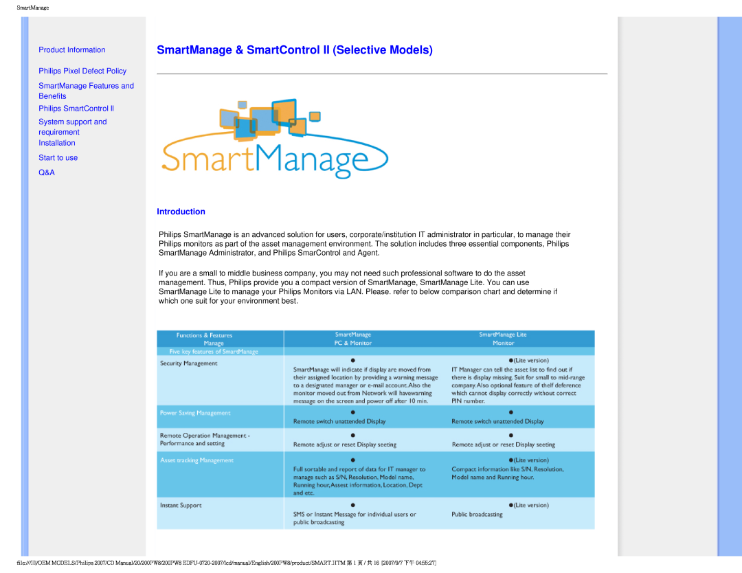 Philips 200PW8 user manual SmartManage & SmartControl II Selective Models, Introduction 