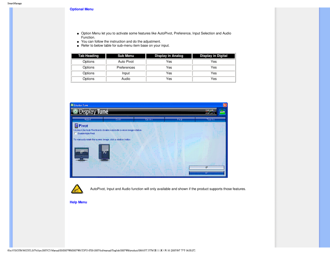 Philips 200PW8 user manual Optional Menu, Display in Digital, Help Menu 