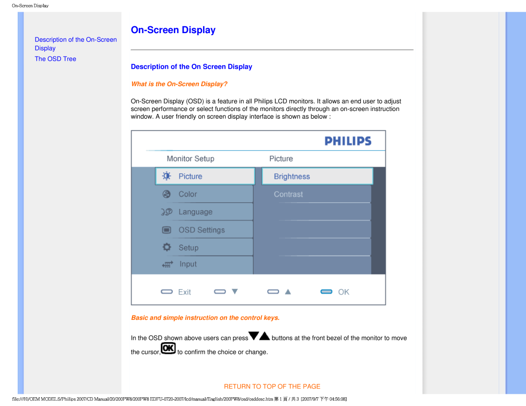 Philips 200PW8 user manual Description of the On Screen Display, Description of the On-Screen Display The OSD Tree 