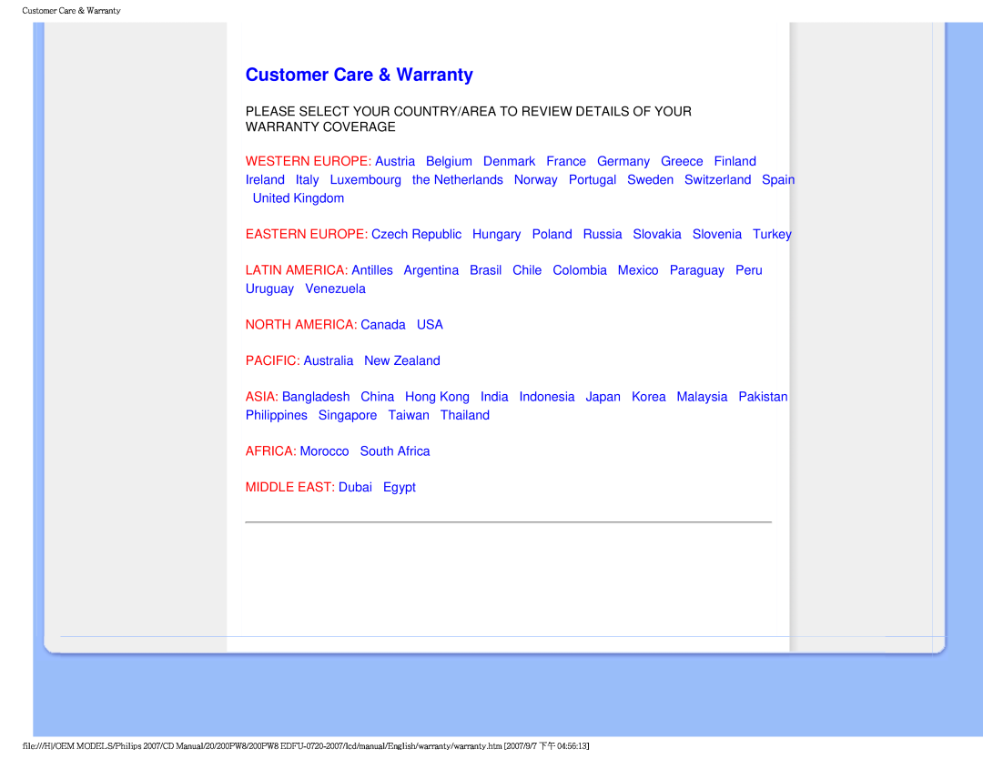 Philips 200PW8 Customer Care & Warranty, Please Select Your Country/Area To Review Details Of Your, Warranty Coverage 