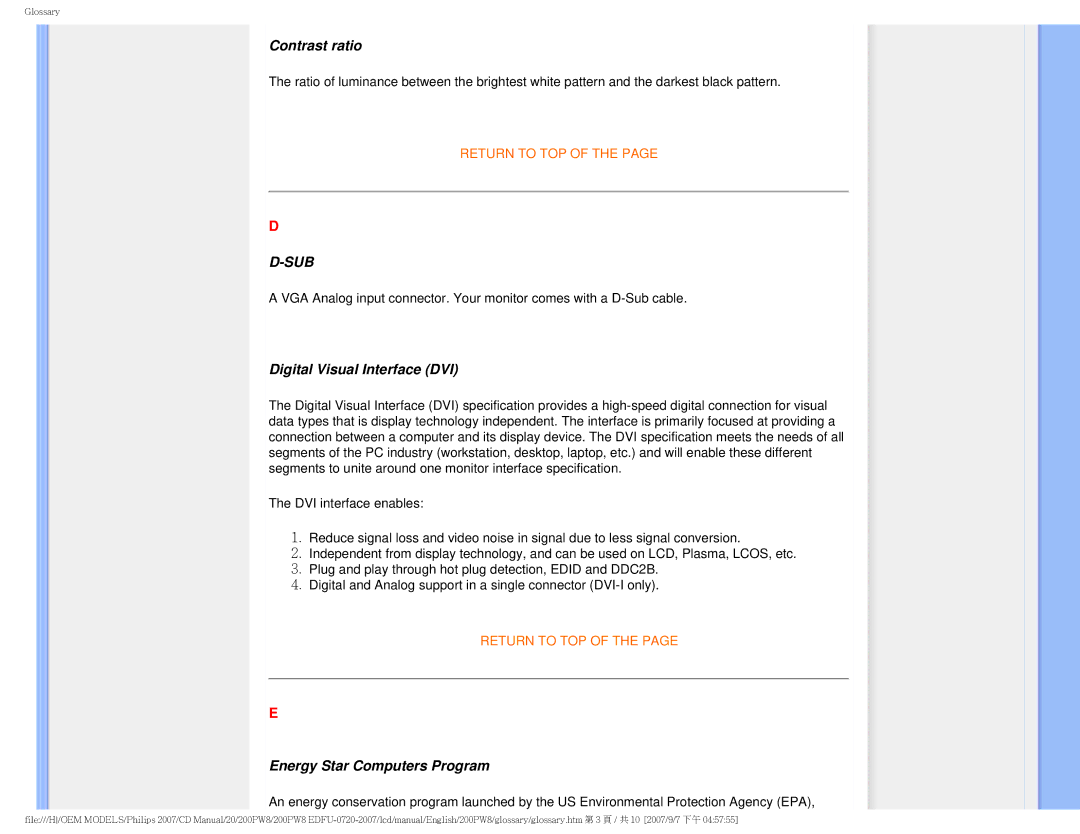 Philips 200PW8 user manual Contrast ratio, Digital Visual Interface DVI, Energy Star Computers Program 