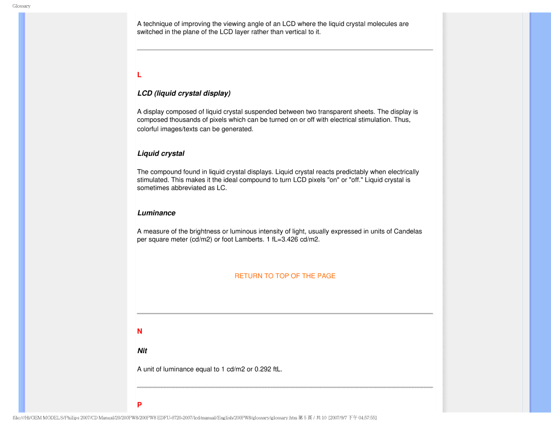 Philips 200PW8 user manual LCD liquid crystal display, Liquid crystal, Luminance, Nit 