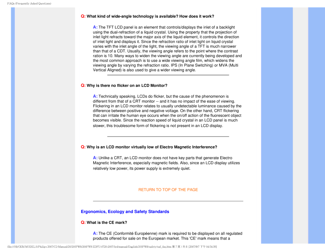 Philips 200PW8 Ergonomics, Ecology and Safety Standards, Why is there no flicker on an LCD Monitor?, What is the CE mark? 