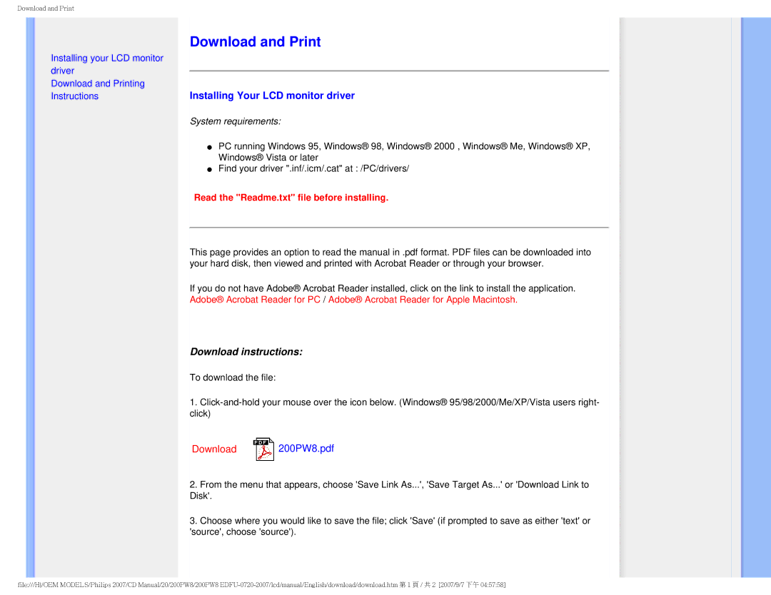 Philips 200PW8 user manual Download and Print, Installing Your LCD monitor driver, Download instructions 