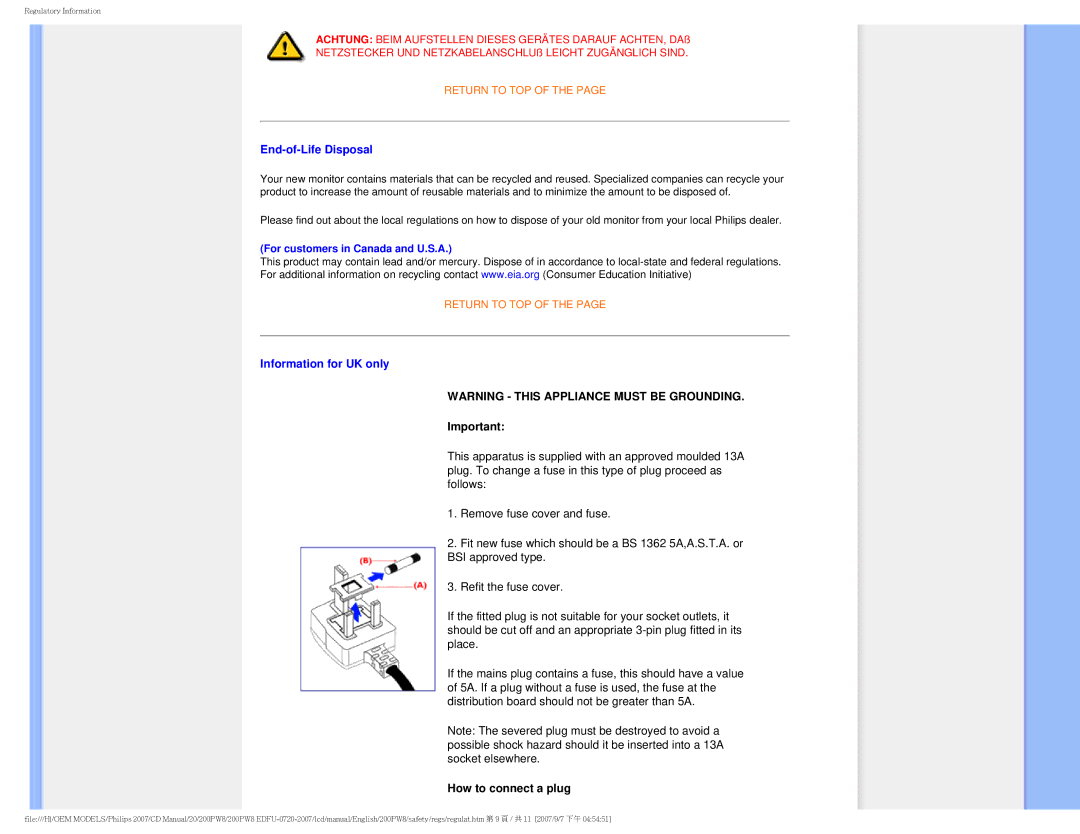 Philips 200PW8 user manual End-of-Life Disposal, Information for UK only 