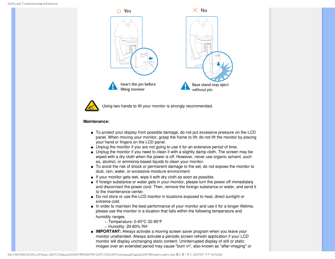 Philips 200PW8 user manual Maintenance, Humidity ranges Temperature 0-40C 32-95F Humidity 20-80% RH 