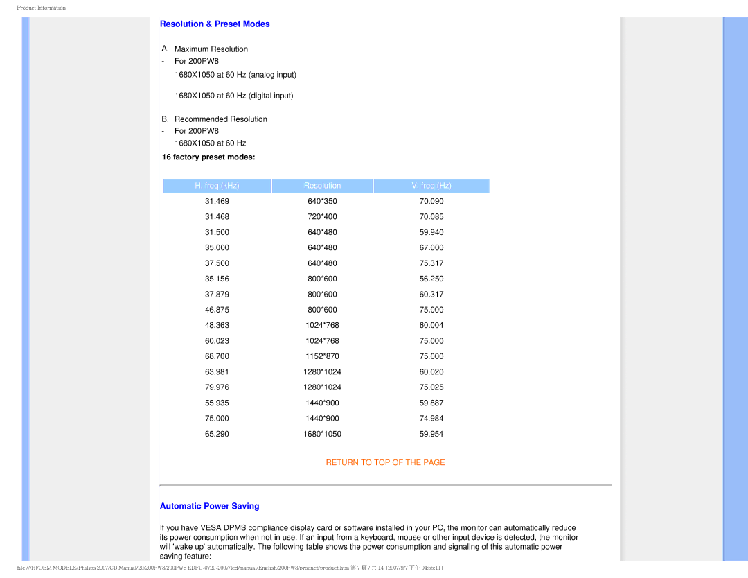 Philips 200PW8 user manual Resolution & Preset Modes, Automatic Power Saving 
