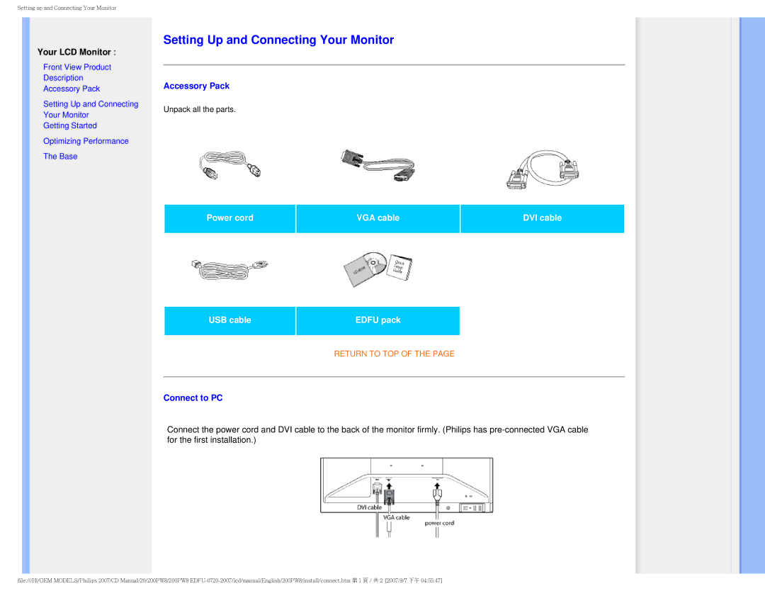 Philips 200PW8 user manual Accessory Pack, Connect to PC 