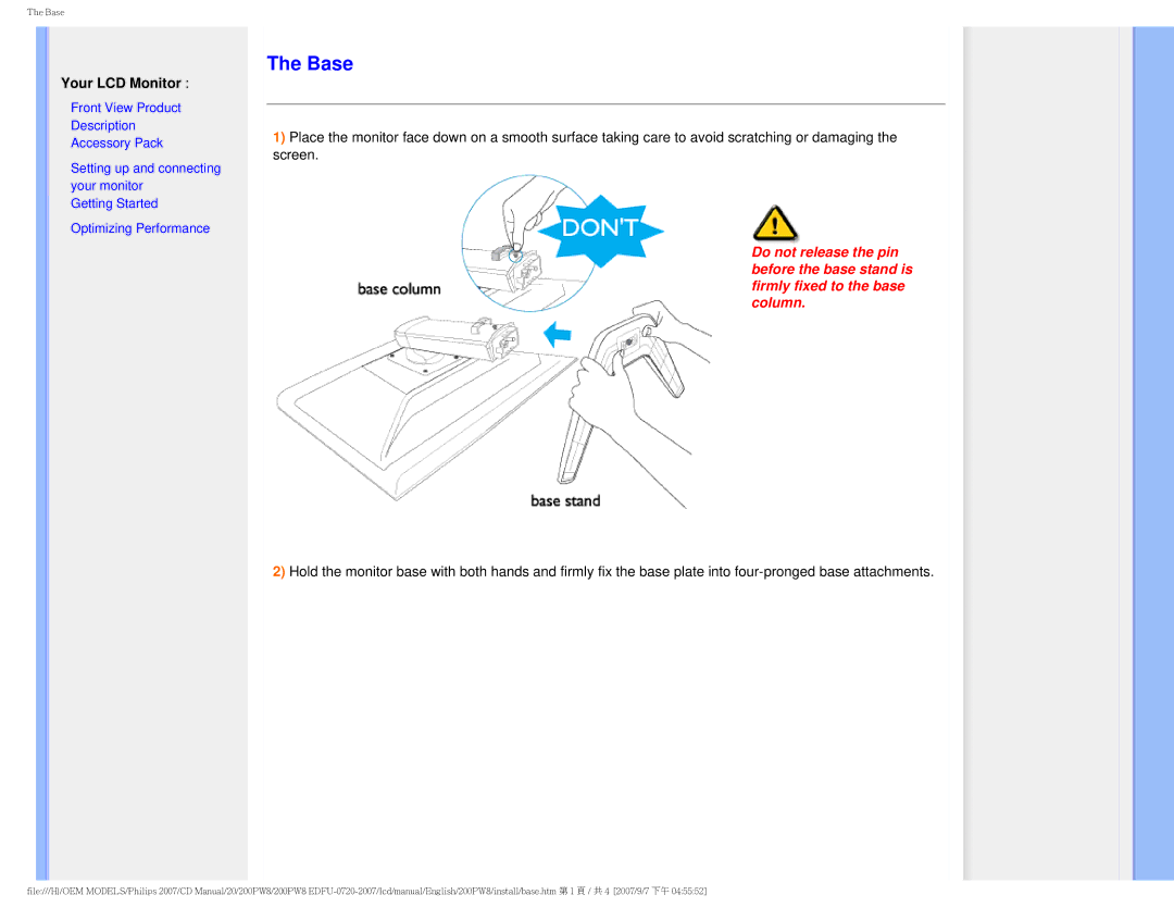 Philips 200PW8 user manual Base, Your LCD Monitor 