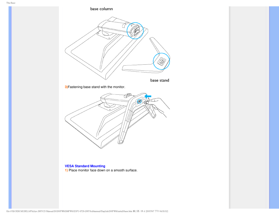 Philips 200PW8 user manual 3Fastening base stand with the monitor, Place monitor face down on a smooth surface 