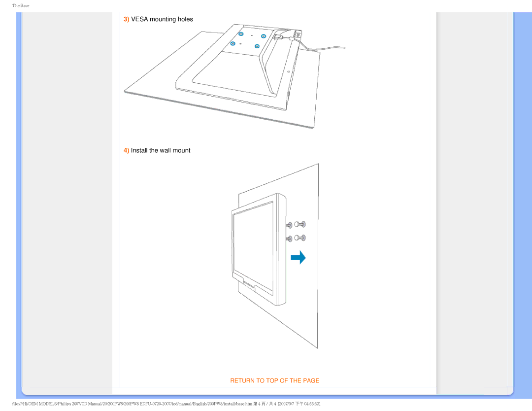 Philips 200PW8 user manual Vesa mounting holes Install the wall mount 