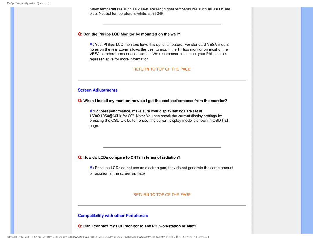 Philips 200PW8 user manual Screen Adjustments, Compatibility with other Peripherals 