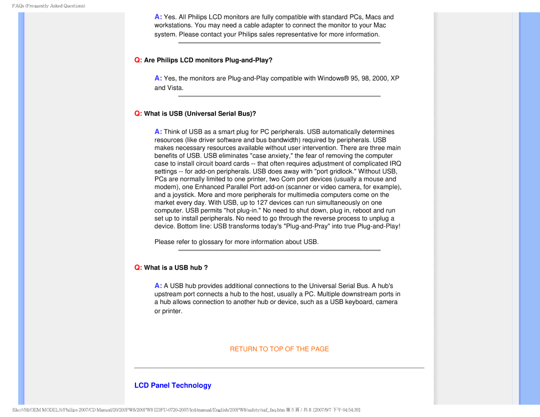 Philips 200PW8 user manual LCD Panel Technology, Are Philips LCD monitors Plug-and-Play?, What is USB Universal Serial Bus? 