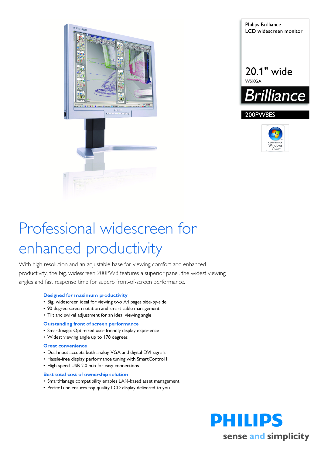 Philips 200PW8ES manual Philips Brilliance LCD widescreen monitor, Designed for maximum productivity, Great convenience 