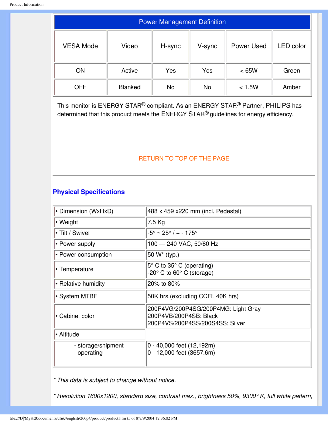 Philips 200S4 user manual Power Management Definition, Physical Specifications 