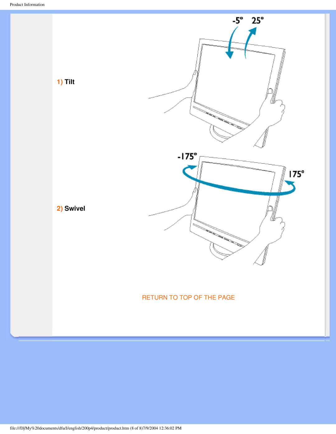 Philips 200S4 user manual Tilt Swivel 