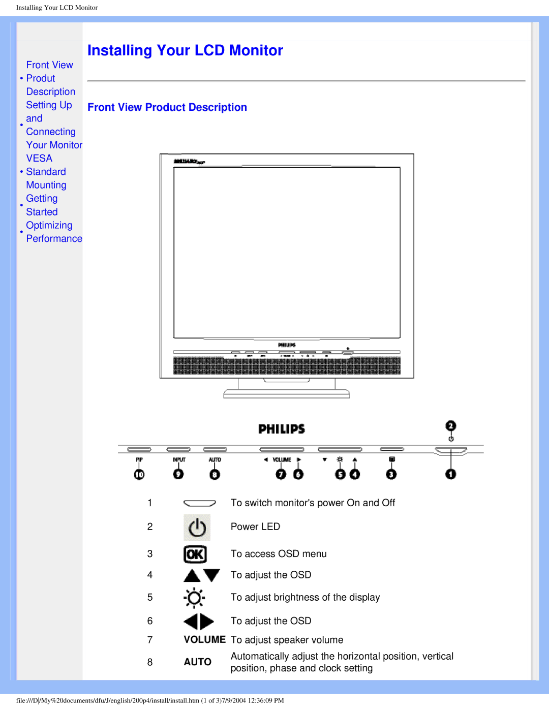 Philips 200S4 user manual Installing Your LCD Monitor, Front View Product Description 