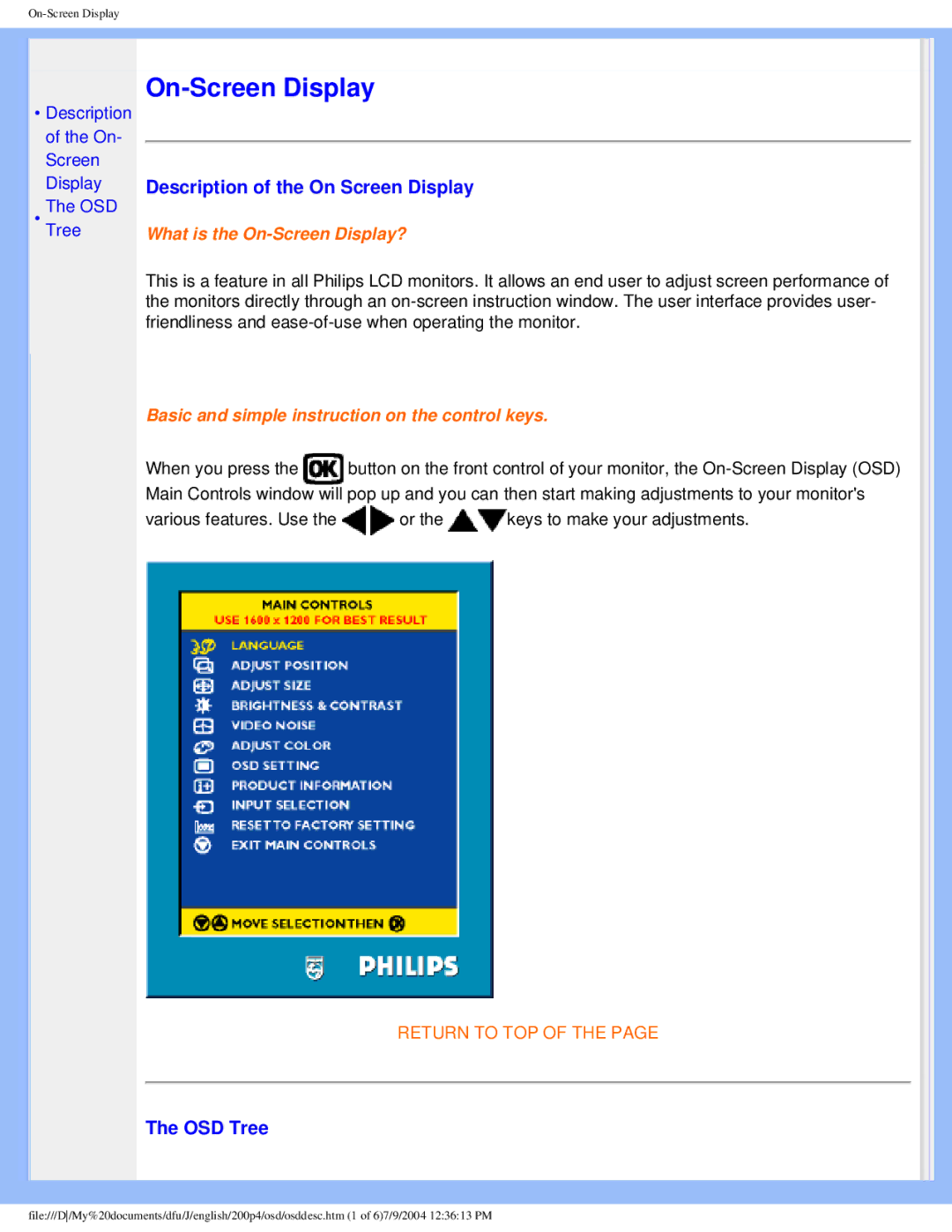 Philips 200S4 user manual Description of the On Screen Display, OSD Tree 