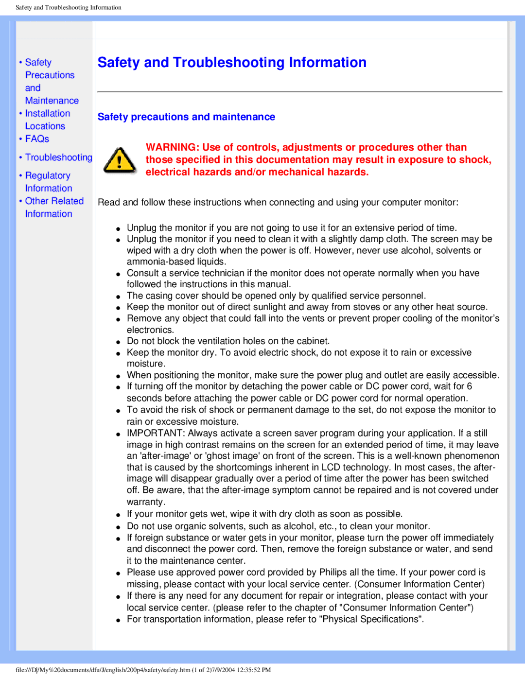 Philips 200S4 user manual Safety and Troubleshooting Information, Safety precautions and maintenance 