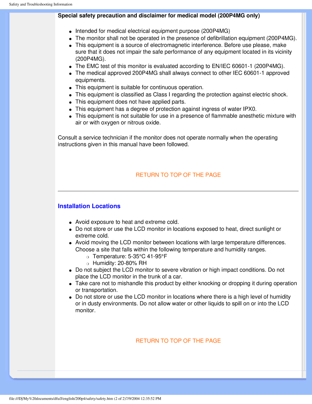 Philips 200S4 user manual Installation Locations 