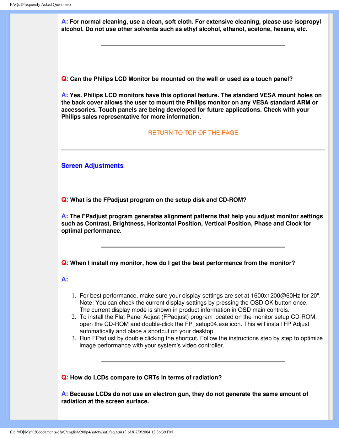 Philips 200S4 user manual Screen Adjustments 