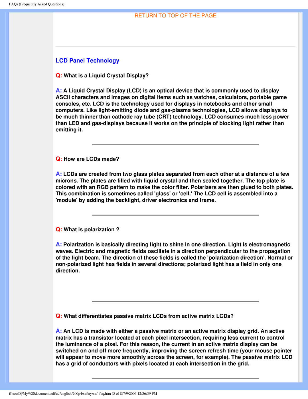 Philips 200S4 user manual LCD Panel Technology 