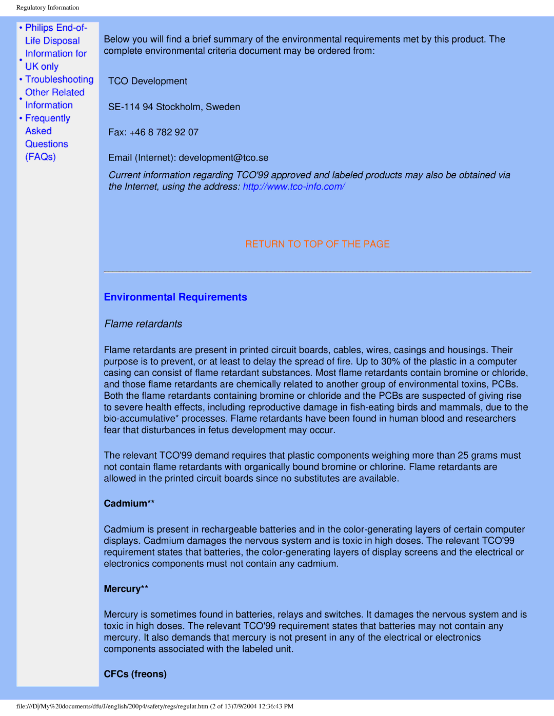 Philips 200S4 user manual Environmental Requirements, Flame retardants 