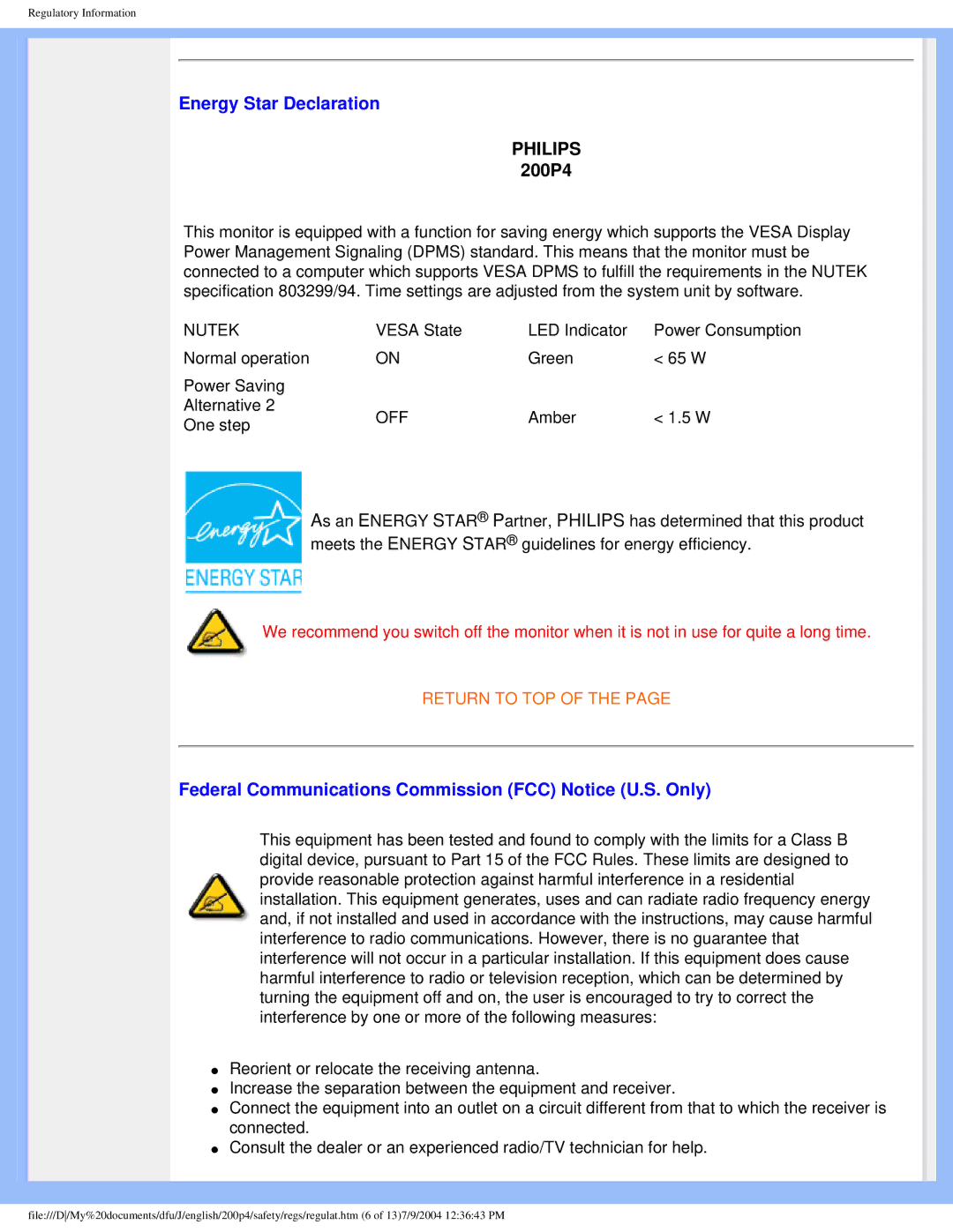 Philips 200S4 user manual Energy Star Declaration, Federal Communications Commission FCC Notice U.S. Only 