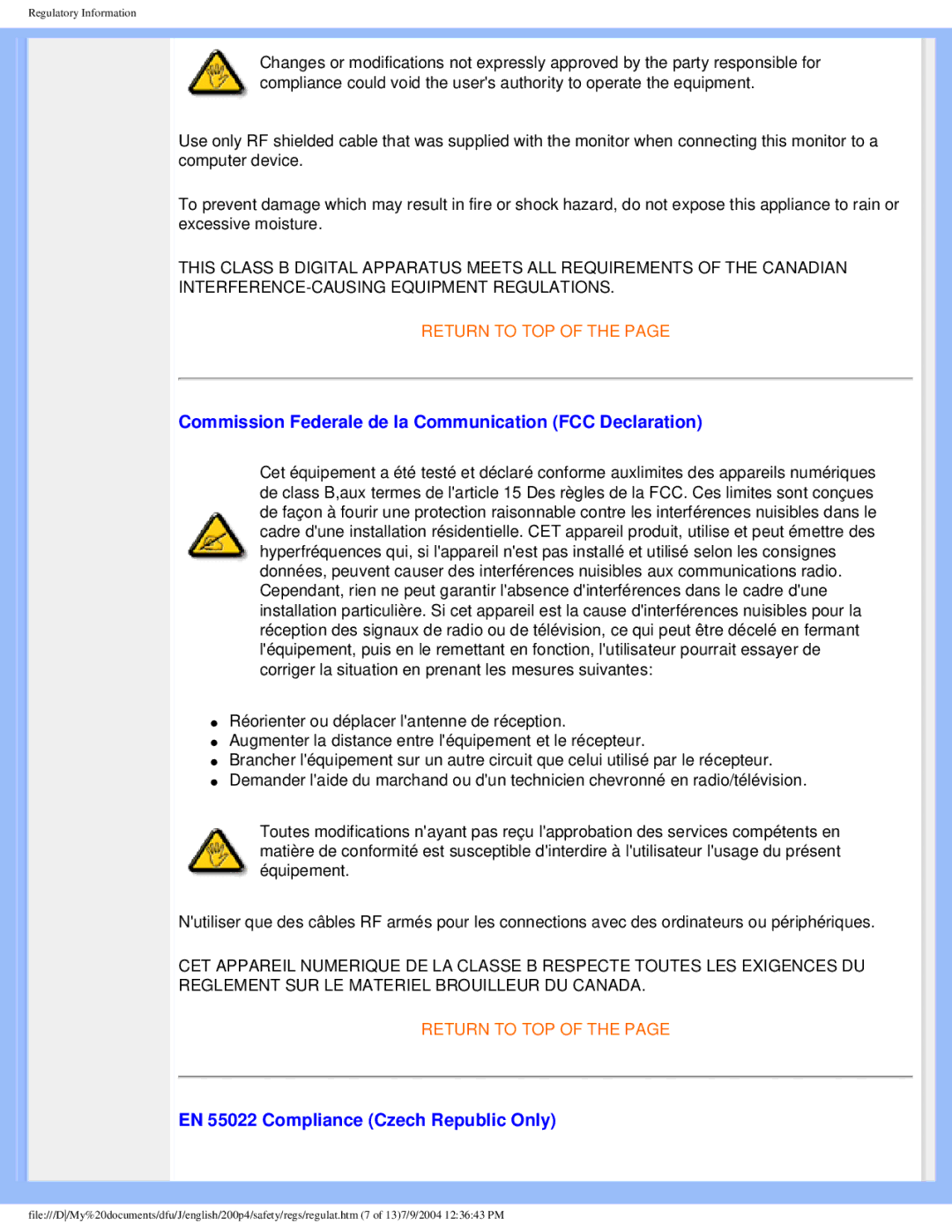 Philips 200S4 user manual Commission Federale de la Communication FCC Declaration, EN 55022 Compliance Czech Republic Only 