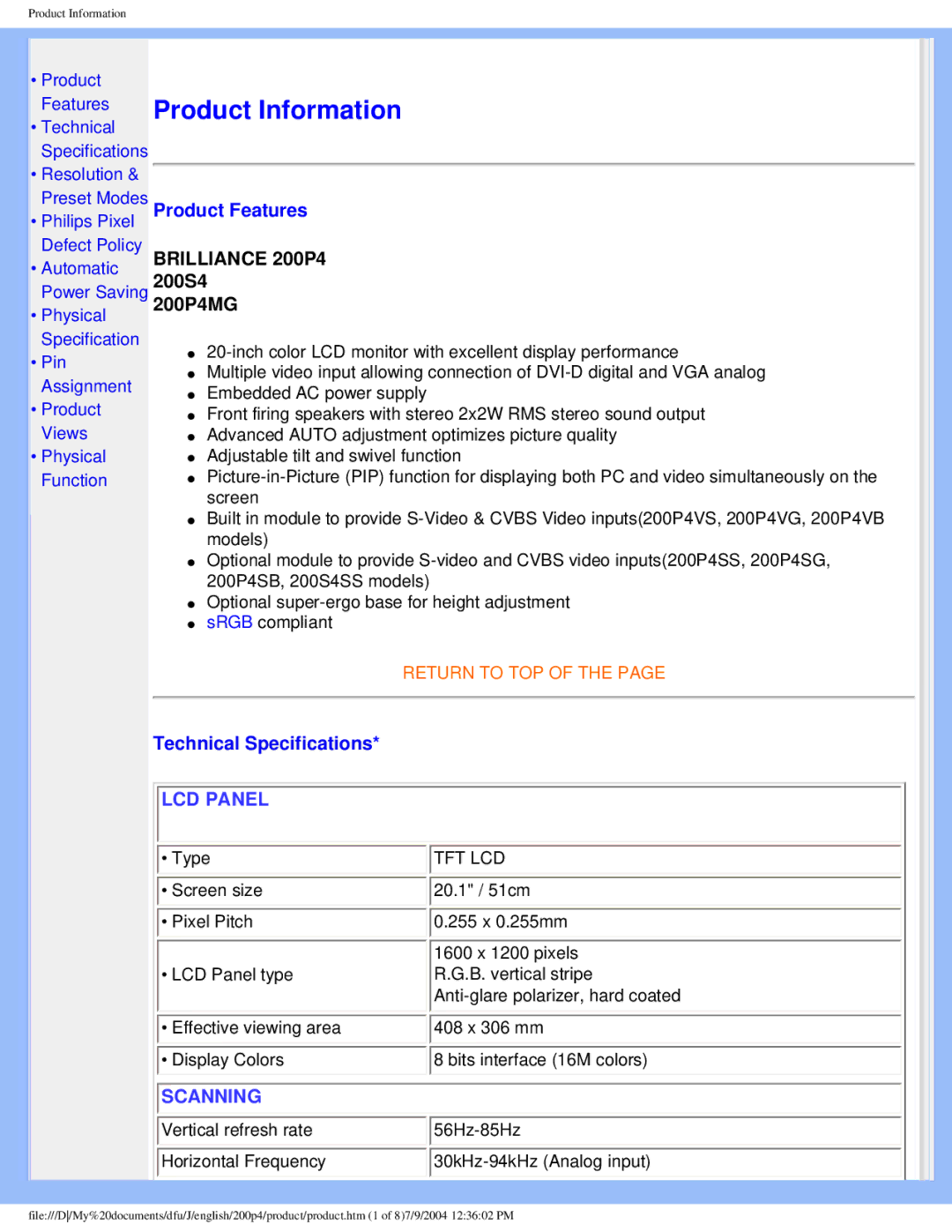 Philips 200S4 user manual Product Features, Technical Specifications 