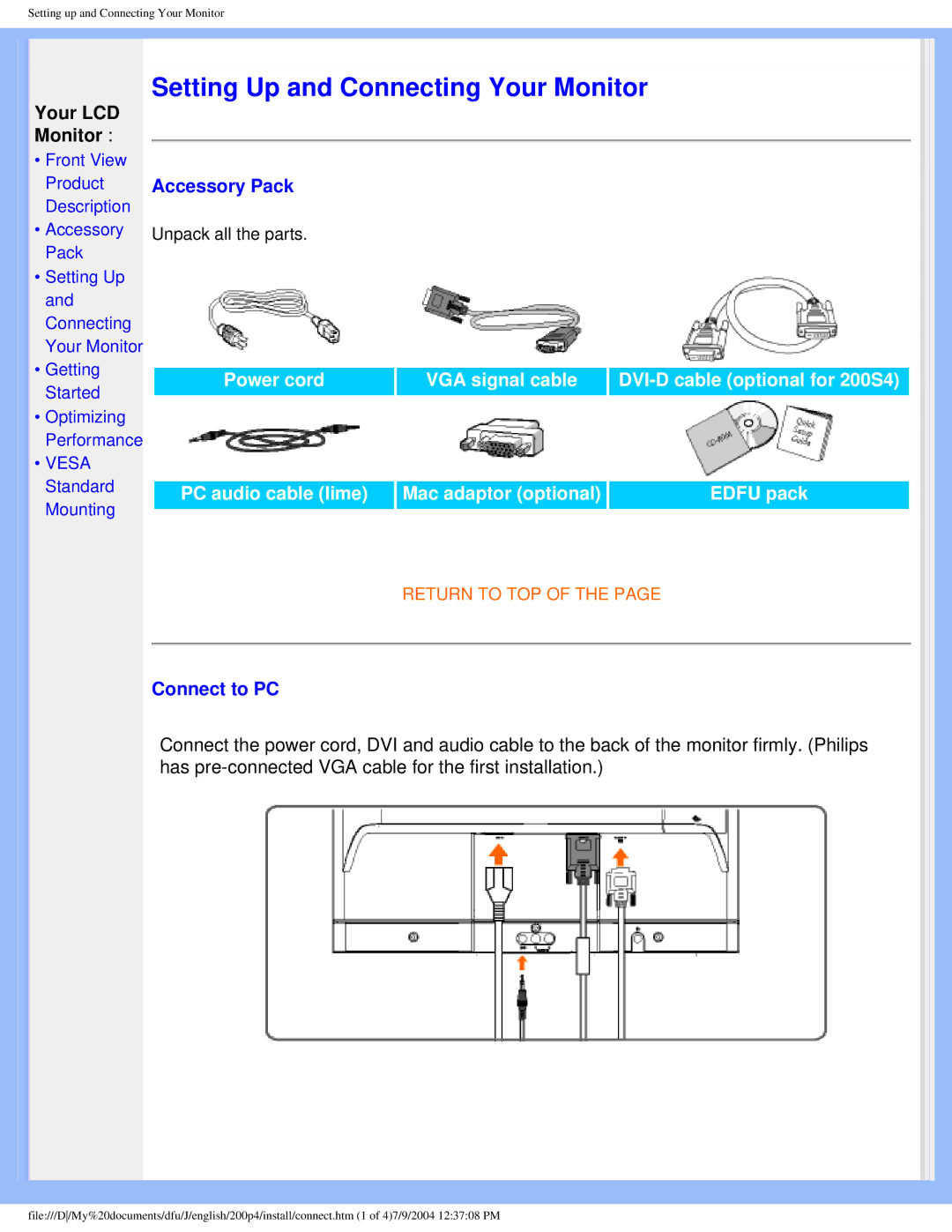 Philips 200S4 user manual Accessory Pack, Connect to PC 