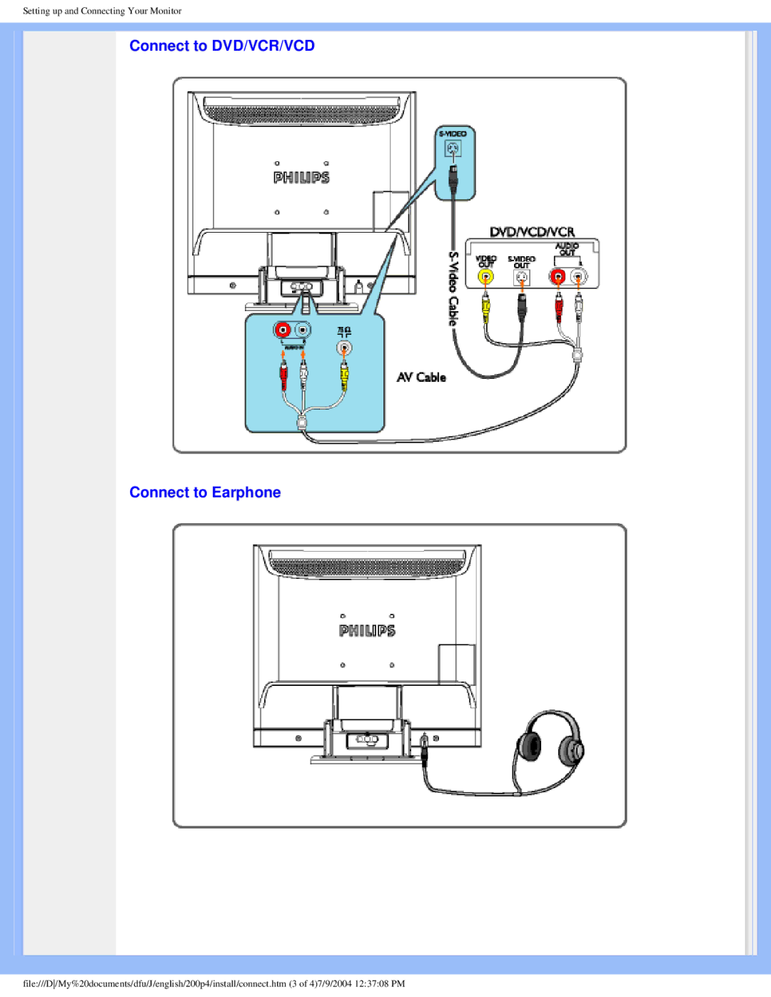 Philips 200S4 user manual Connect to DVD/VCR/VCD Connect to Earphone 