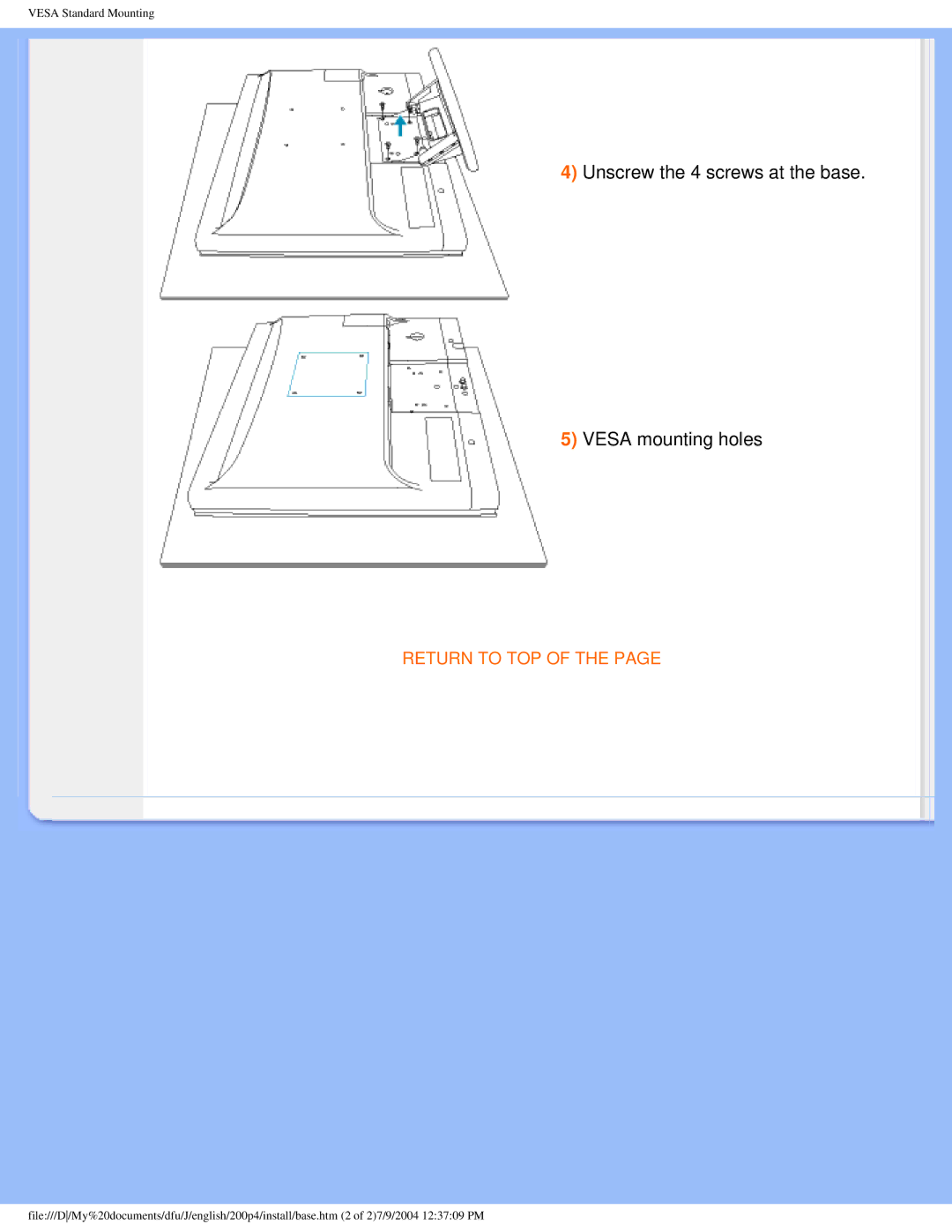 Philips 200S4 user manual Unscrew the 4 screws at the base Vesa mounting holes 