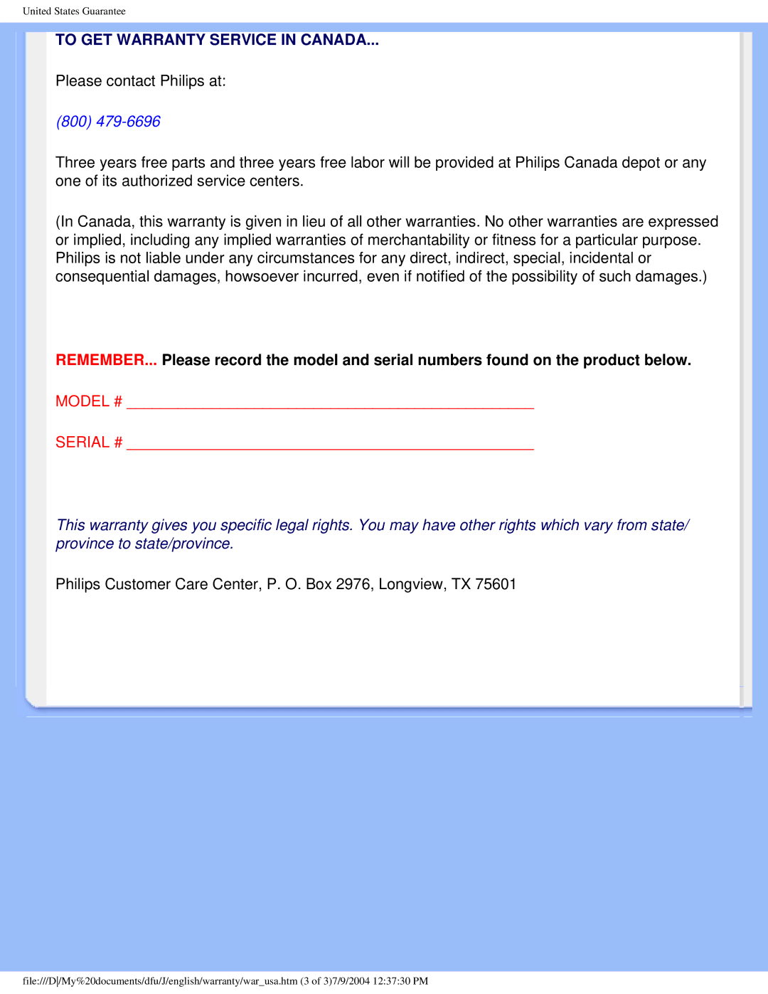 Philips 200S4 user manual To GET Warranty Service in Canada 