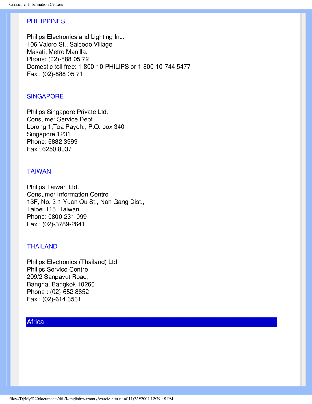 Philips 200S4 user manual Philippines, Singapore, Taiwan, Thailand 