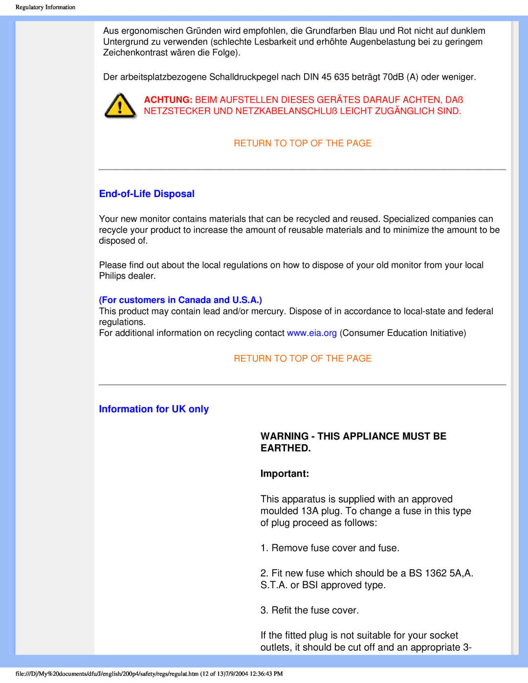 Philips 200S4 user manual End-of-LifeDisposal, Information for UK only, Warning - This Appliance Must Be Earthed 