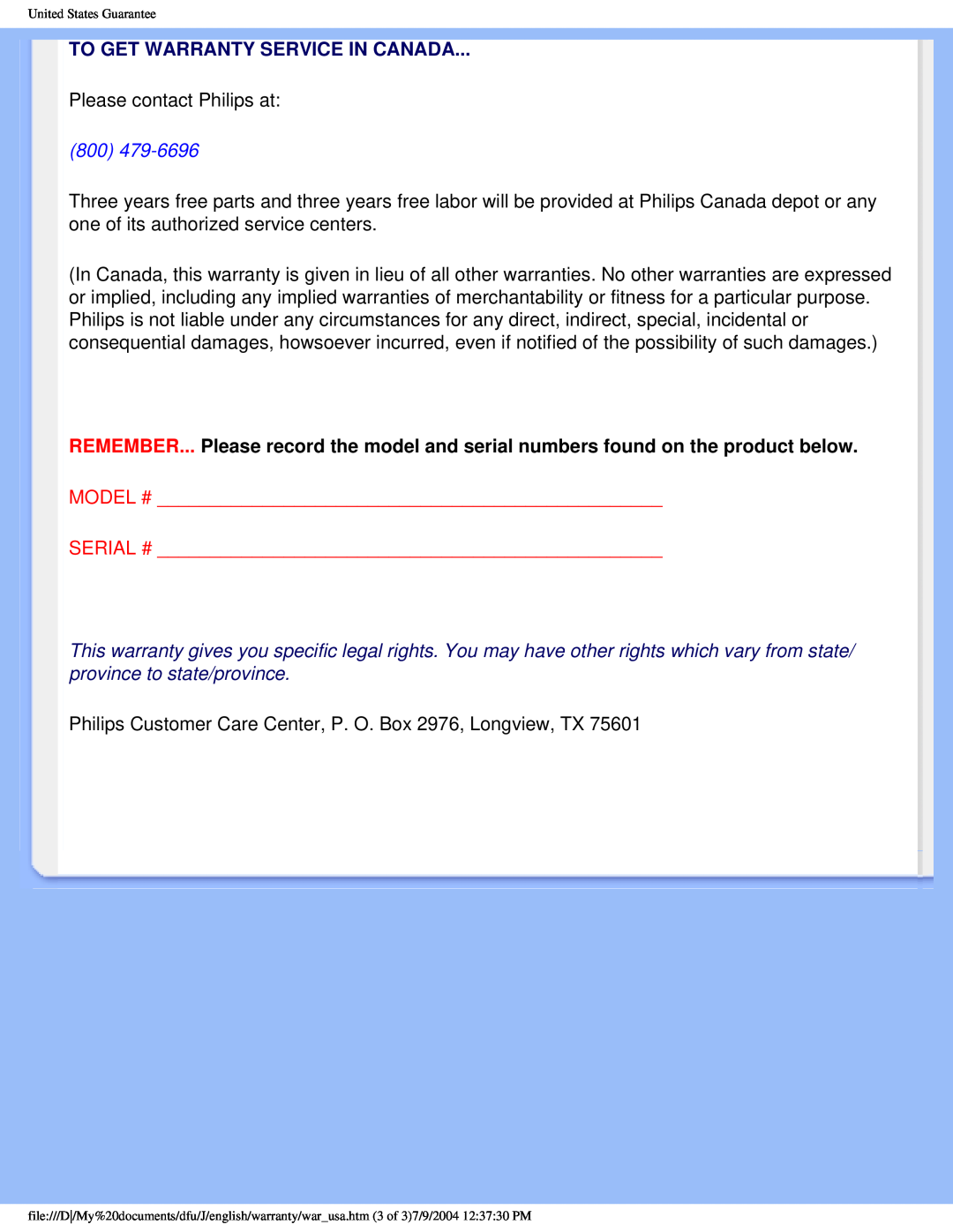 Philips 200S4 user manual To Get Warranty Service In Canada 