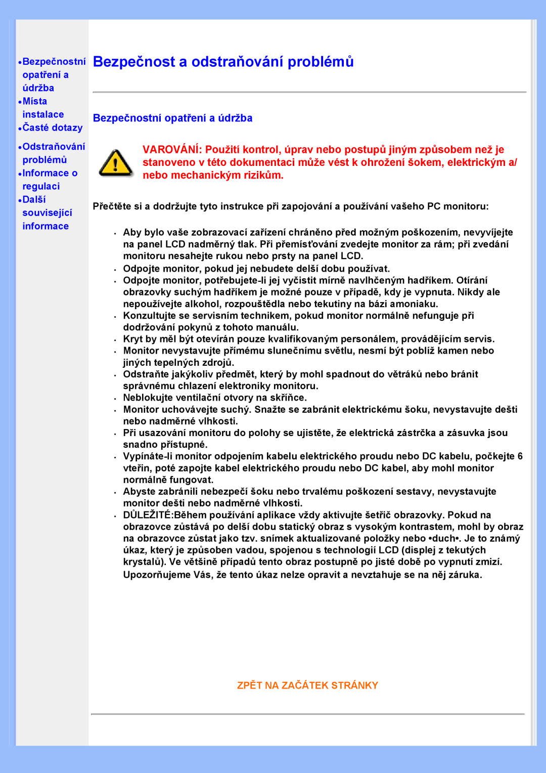 Philips 200VW8 user manual Bezpečnost a odstraňování problémů, Bezpečnostní opatření a údržba, Informace o regulaci Další 