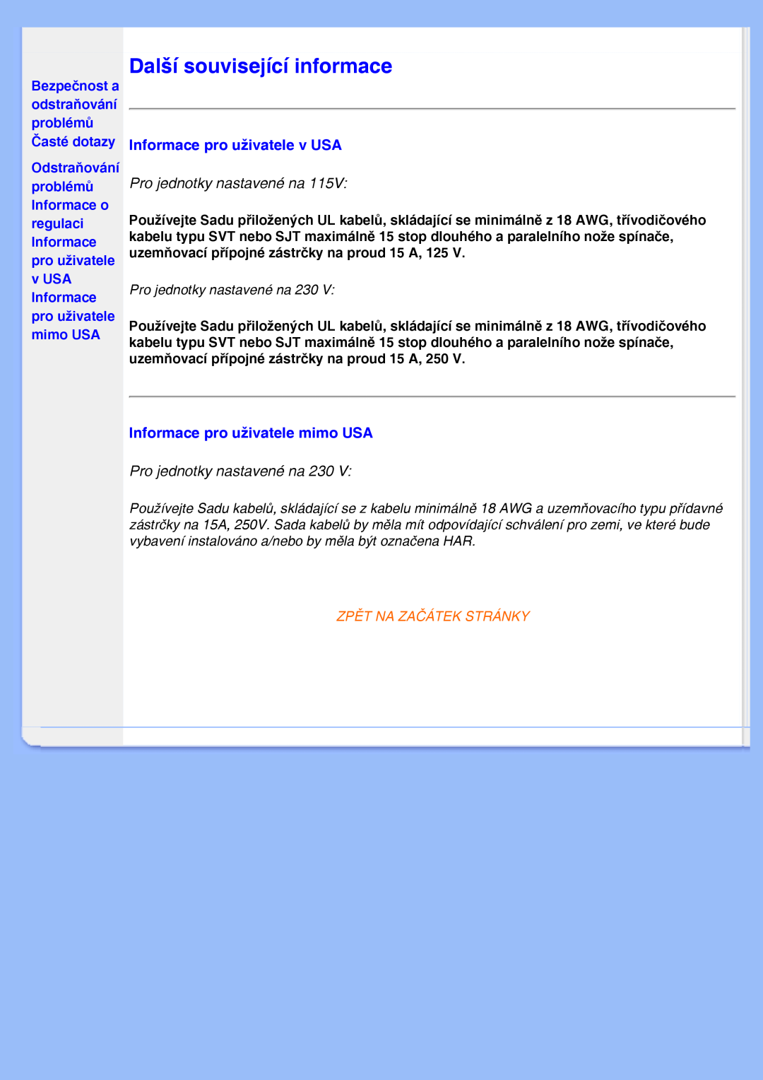 Philips 200VW8 user manual Další související informace, Informace pro uživatele v USA, Pro jednotky nastavené na 