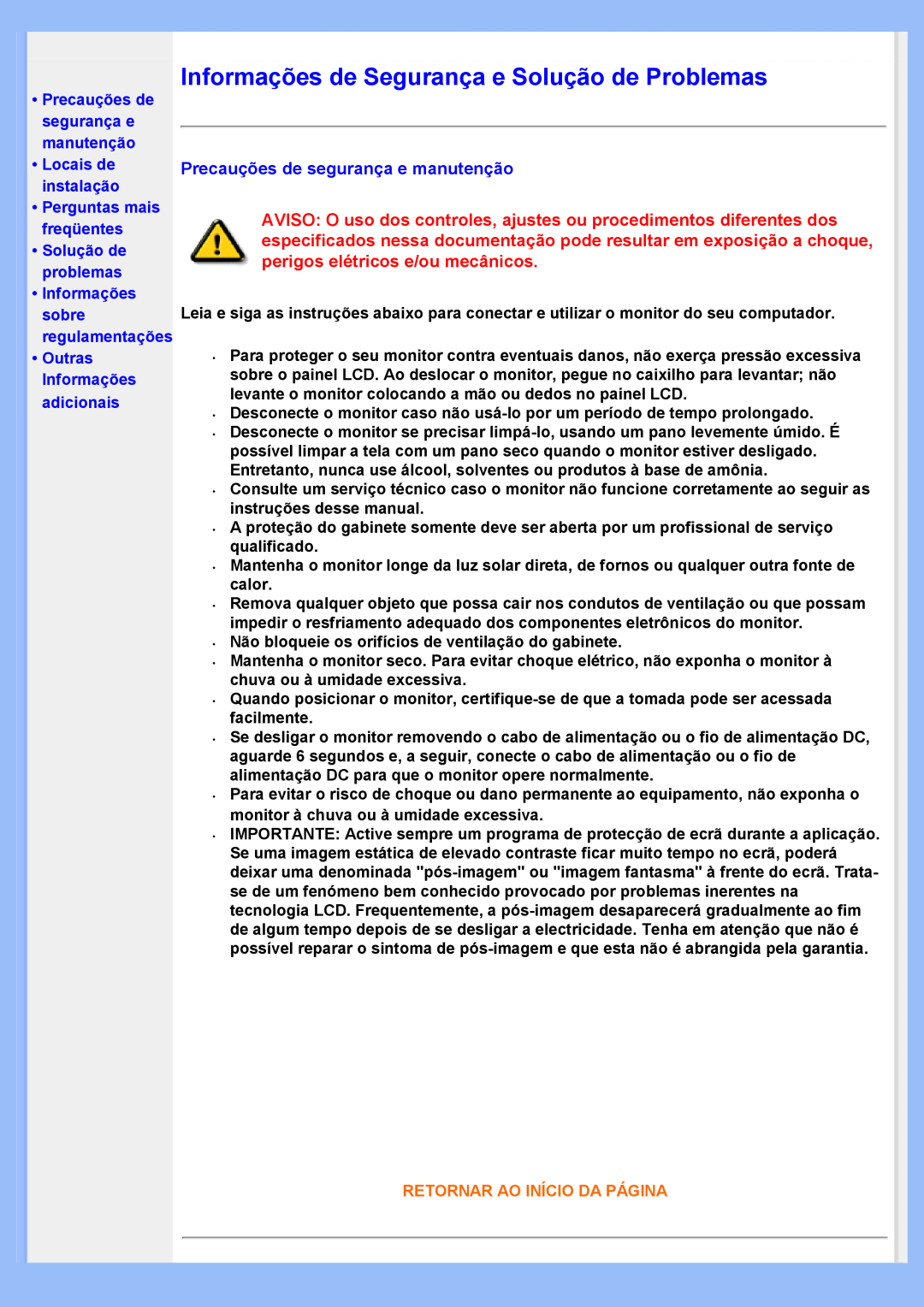 Philips 200VW8 user manual Informações de Segurança e Solução de Problemas, Precauções de segurança e manutenção 