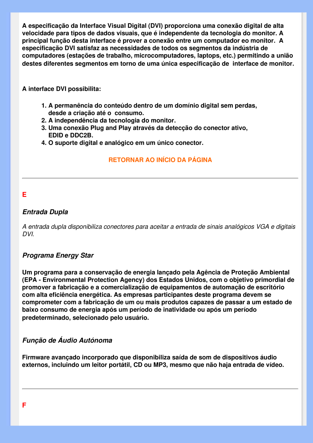 Philips 200VW8 user manual Entrada Dupla, Programa Energy Star, Função de Áudio Autónoma, Retornar Ao Início Da Página 