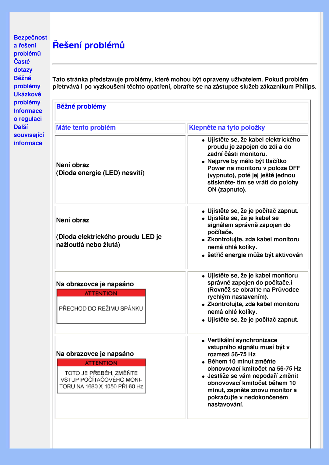 Philips 200VW8 user manual Řešení problémů 