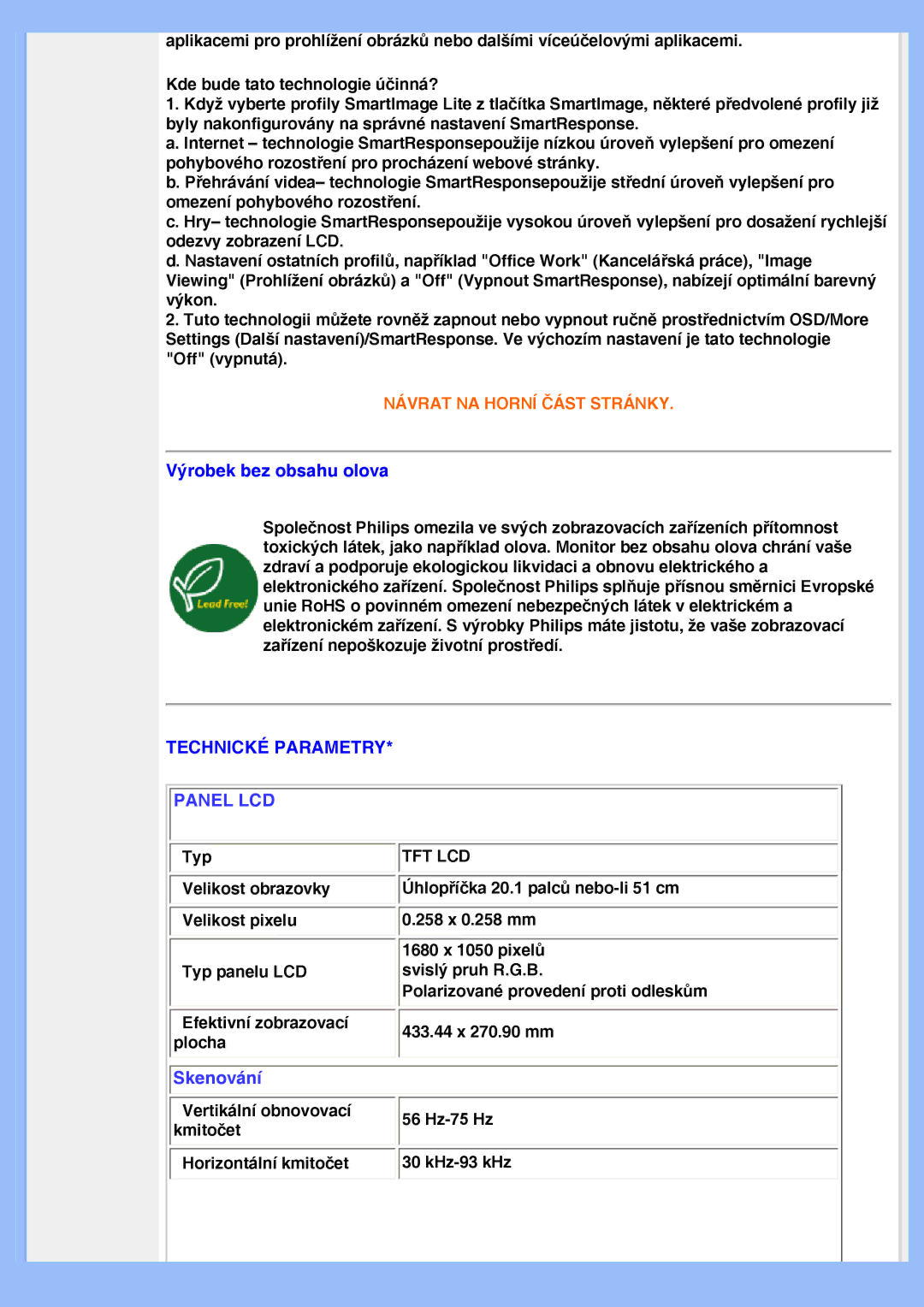 Philips 200VW8 user manual Výrobek bez obsahu olova, Panel LCD 