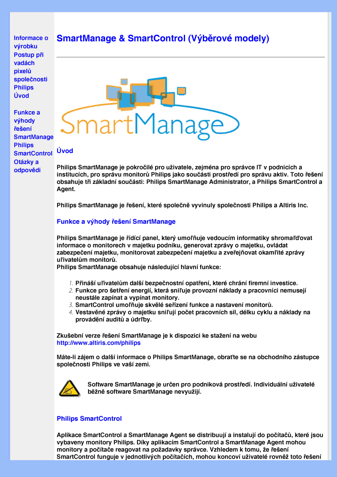 Philips 200VW8 user manual Úvod, Funkce a výhody řešení SmartManage, Philips SmartControl 