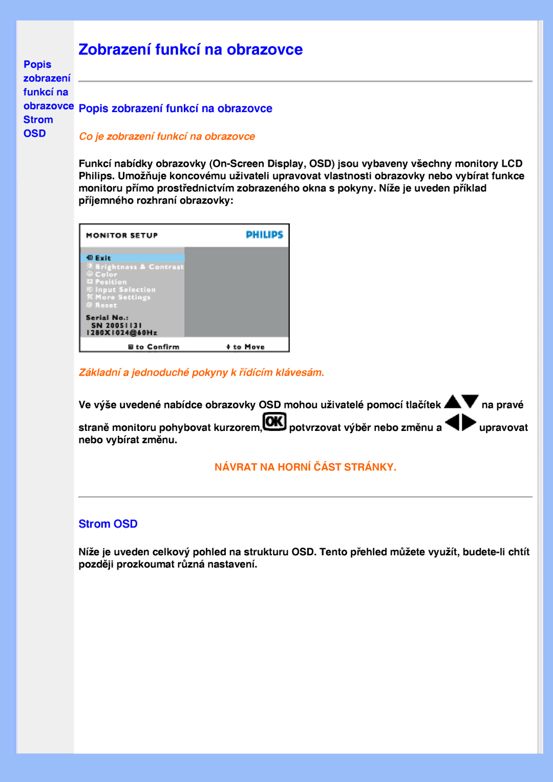 Philips 200VW8 user manual Zobrazení funkcí na obrazovce, Popis zobrazení funkcí na obrazovce Strom OSD 