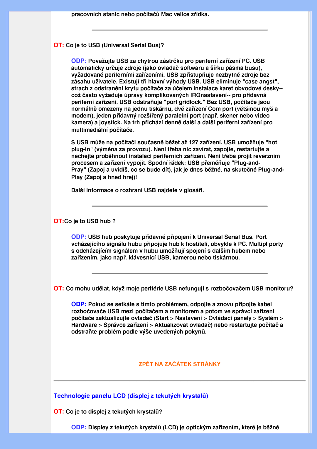 Philips 200VW8 user manual Technologie panelu LCD displej z tekutých krystalů 